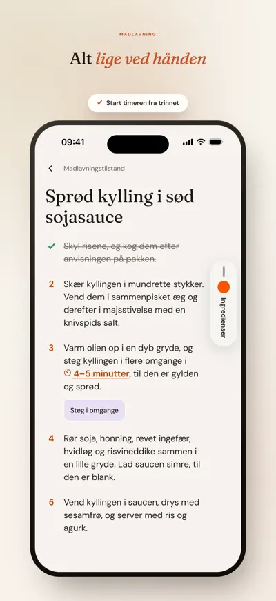 Madlavningstilstanden i Matlyst viser ét trin ad gangen, med stor skrift.