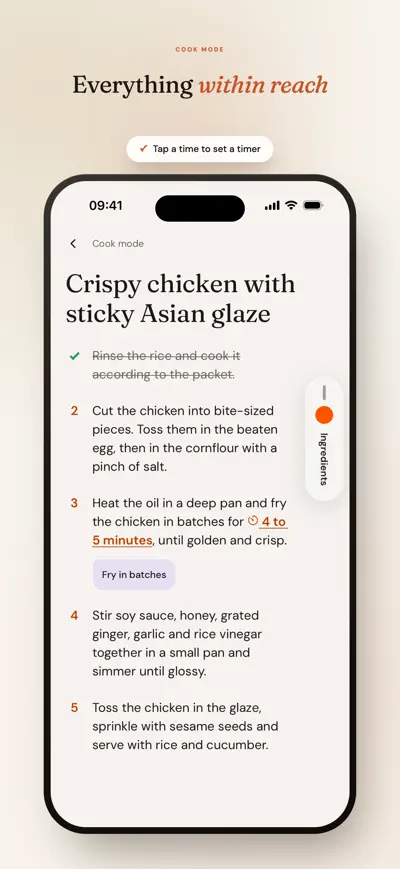 Air frying it? In Matlyst's cook mode, tap a time in a step, adjust the timer, and tap Start.