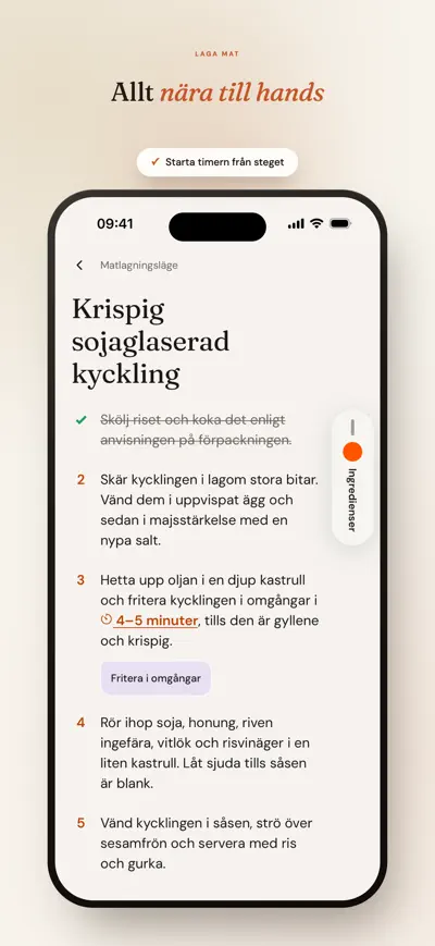 Matlagningsläget i Matlyst visar ett steg i taget, i stor text.