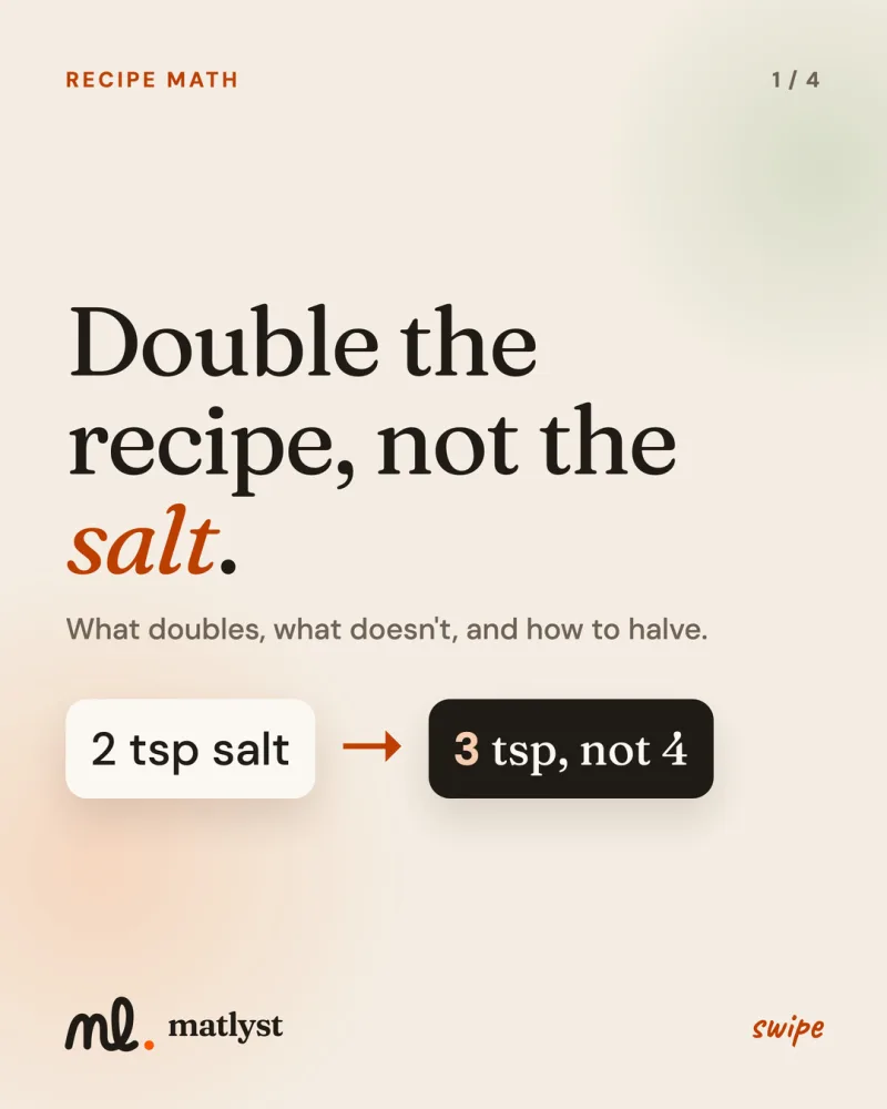 Double the recipe, not the salt. What doubles, what doesn't, and how to halve.
