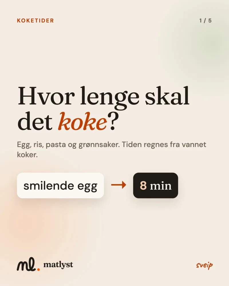 Hvor lenge skal det koke? Egg, ris, pasta og grønnsaker. Tiden regnes fra vannet koker.