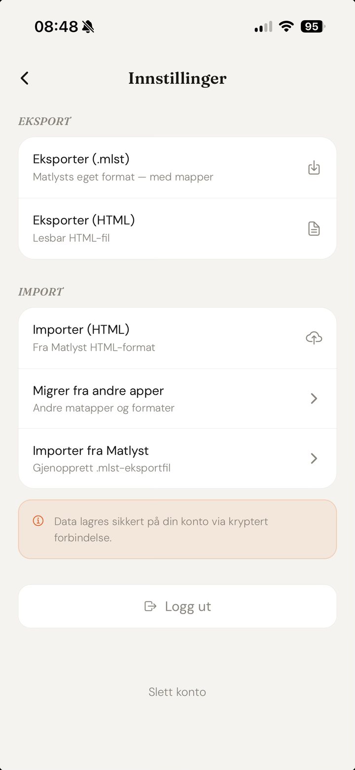 Import-menyen i Matlyst med «Migrer fra andre apper»