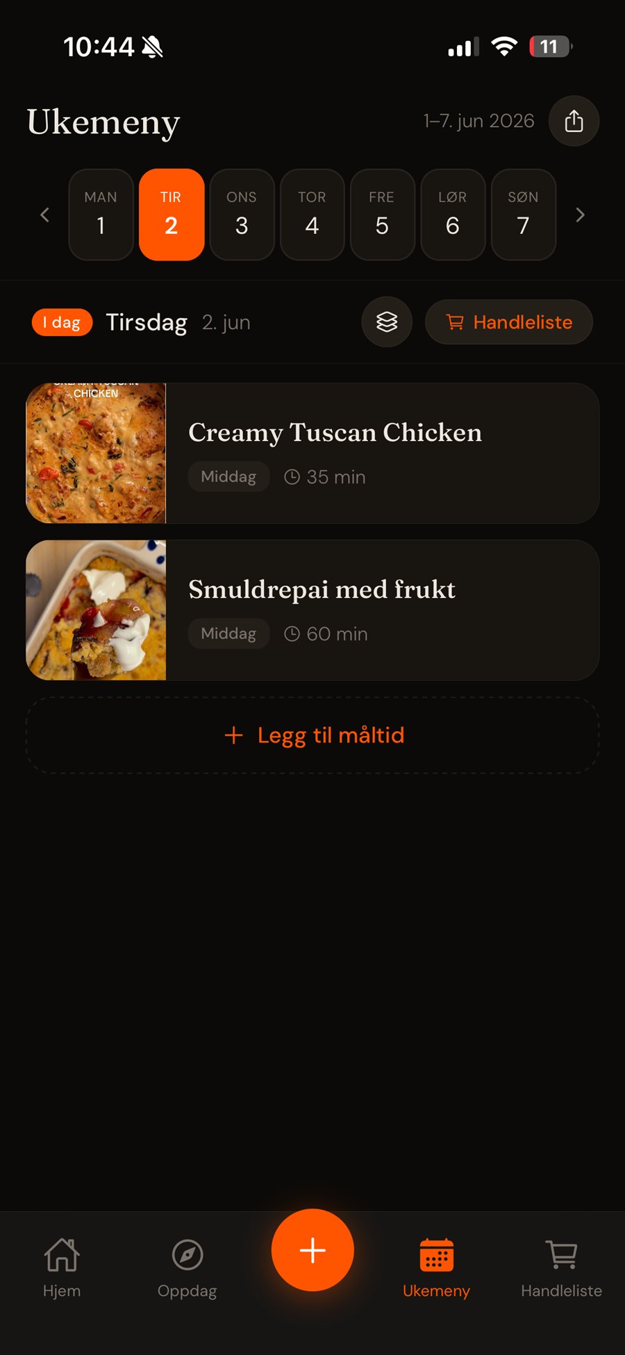 Ukemeny i Matlyst med måltider lagt på ukedagene
